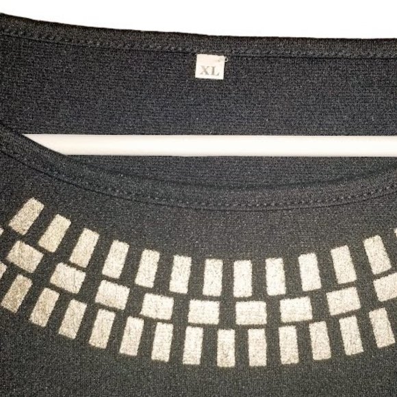 Black Midi Dress with Gold Decorative Design | Size XL | Stretch Fabric - Picture 7 of 15